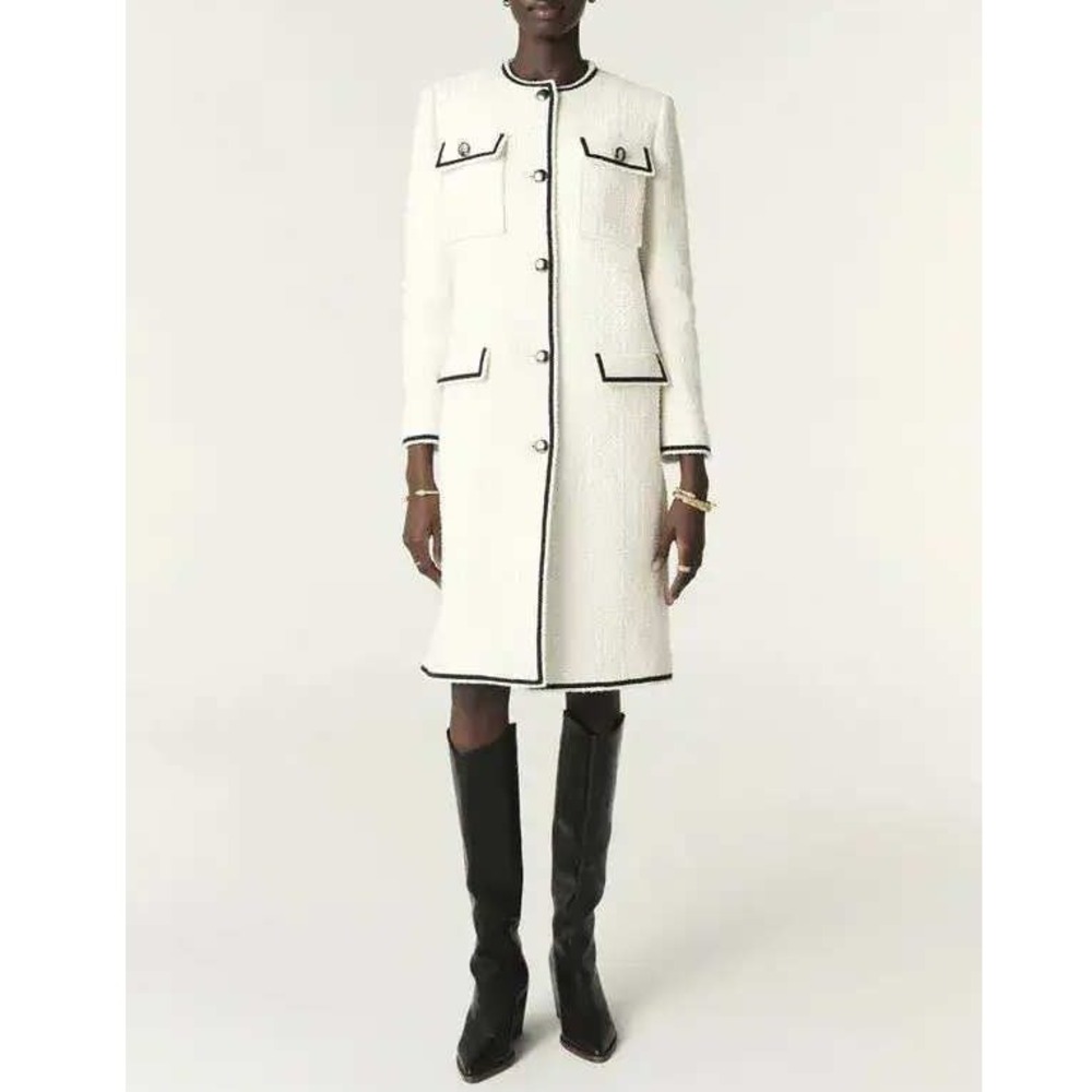 ba&sh Romeo Tweed Long Coat Dress White Black Button Front Women Size S